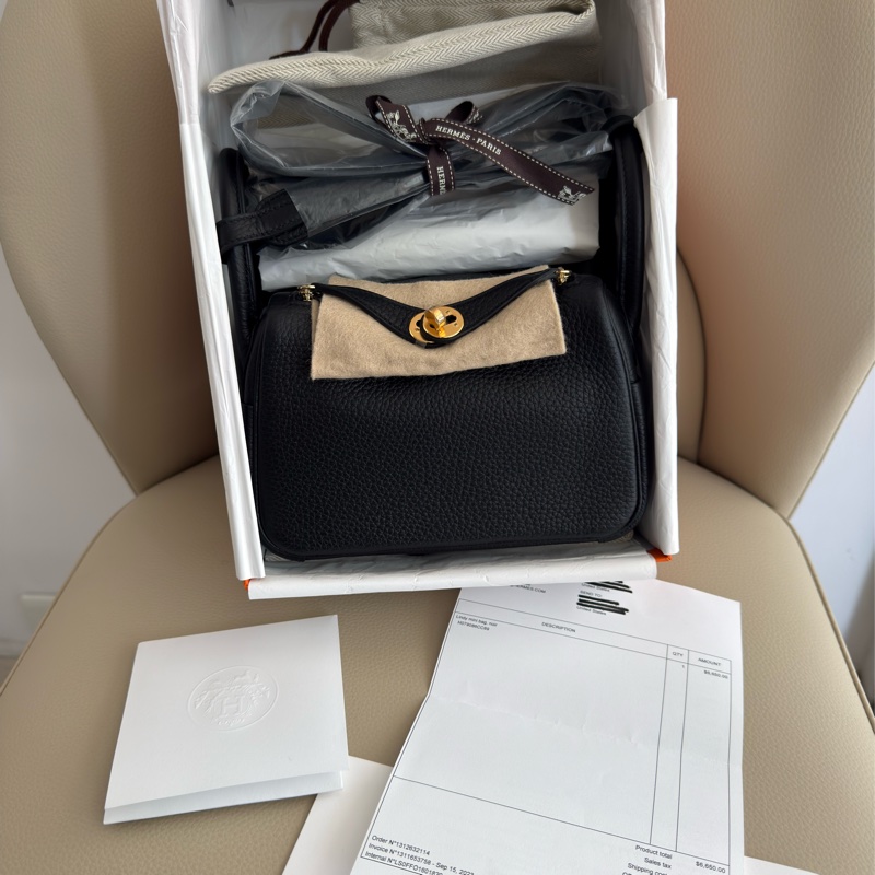 全新HERMES黑色金釦mini lindy 一代斜背包-0