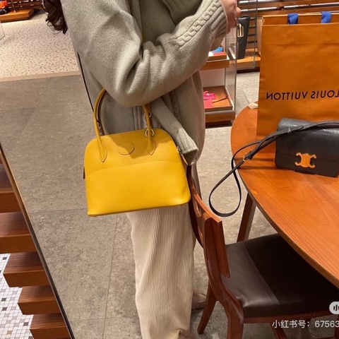 HERMES 琥珀黃Bolide保齡球27 手提肩背包27*18*9 9新 配件塵袋