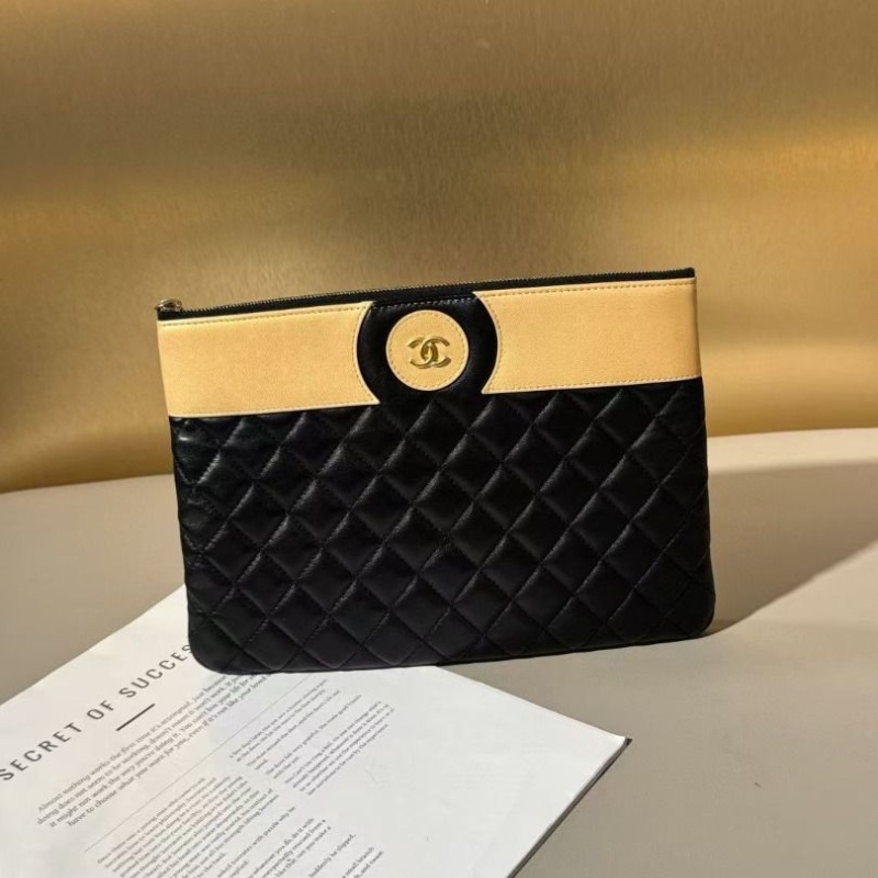 Chanel 黑色拼米金 手拿包 27*20cm 9新 配件塵袋-1