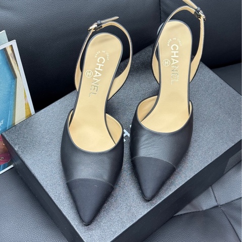 Chanel 香奈兒 黑色粗根後系帶 優雅羊皮 高跟鞋 涼鞋 37碼