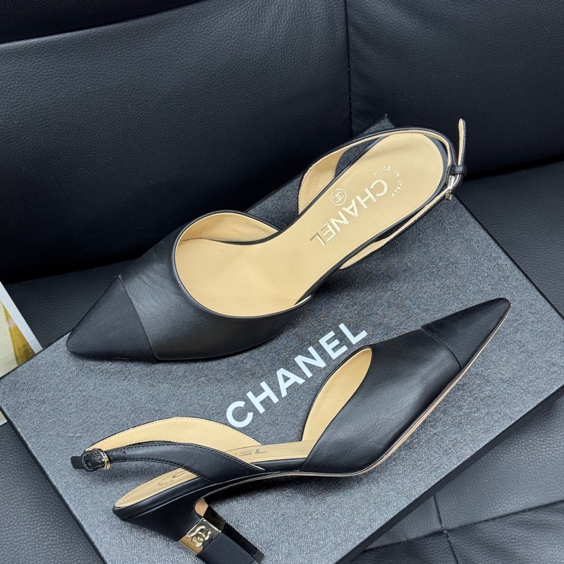 Chanel 香奈兒 黑色粗根後系帶 優雅羊皮 高跟鞋 涼鞋 37碼-3