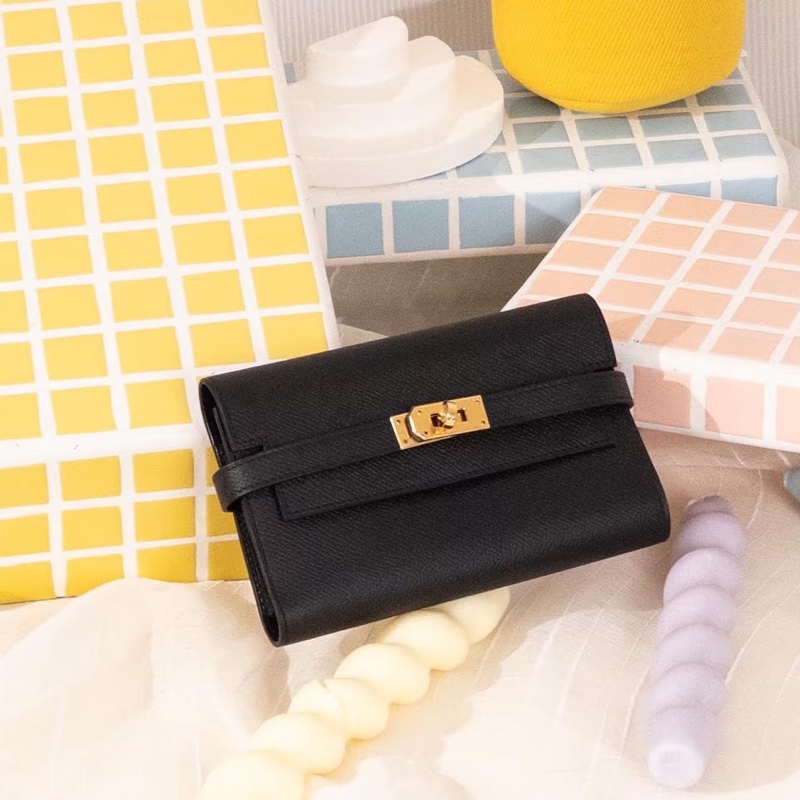 Hermes • Kelly Long 黑金三折短夾 Epsom皮 附盒-0