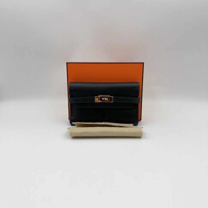 Hermes • Kelly Long 黑金三折短夾 Epsom皮 附盒-1