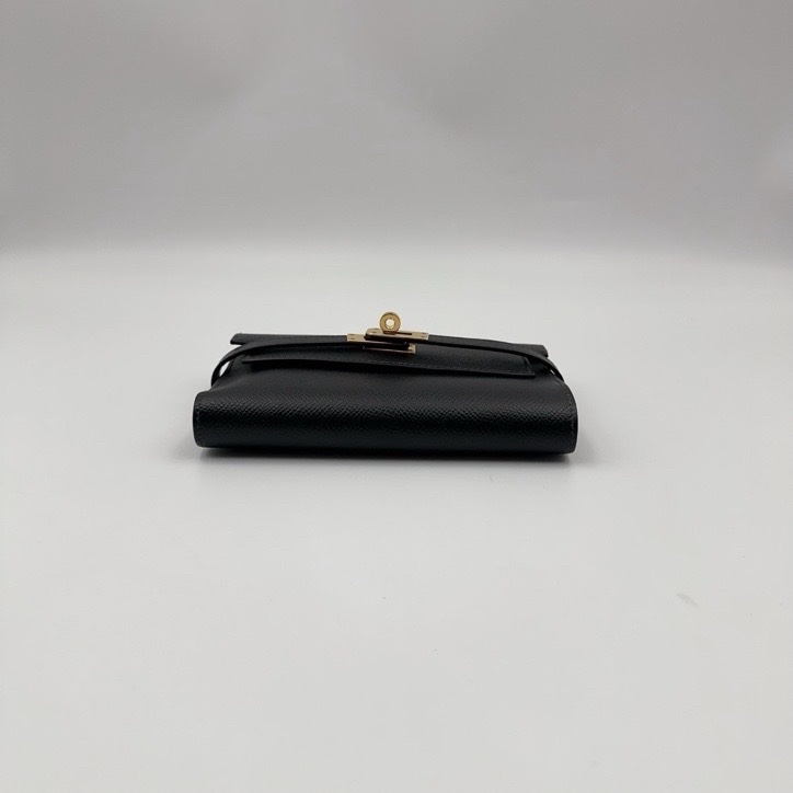 Hermes • Kelly Long 黑金三折短夾 Epsom皮 附盒-4