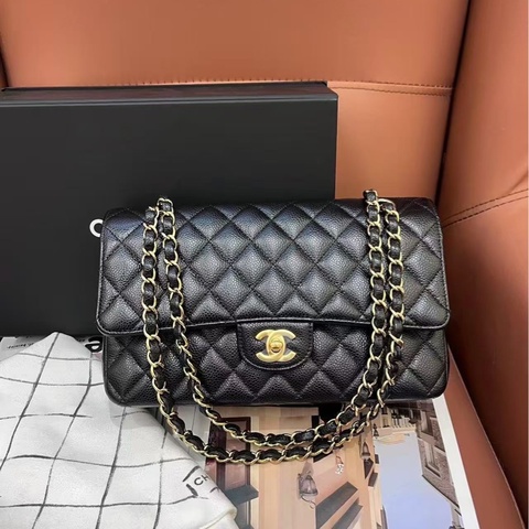 Chanel香奈兒黑金荔枝紋牛皮cf中號 27開