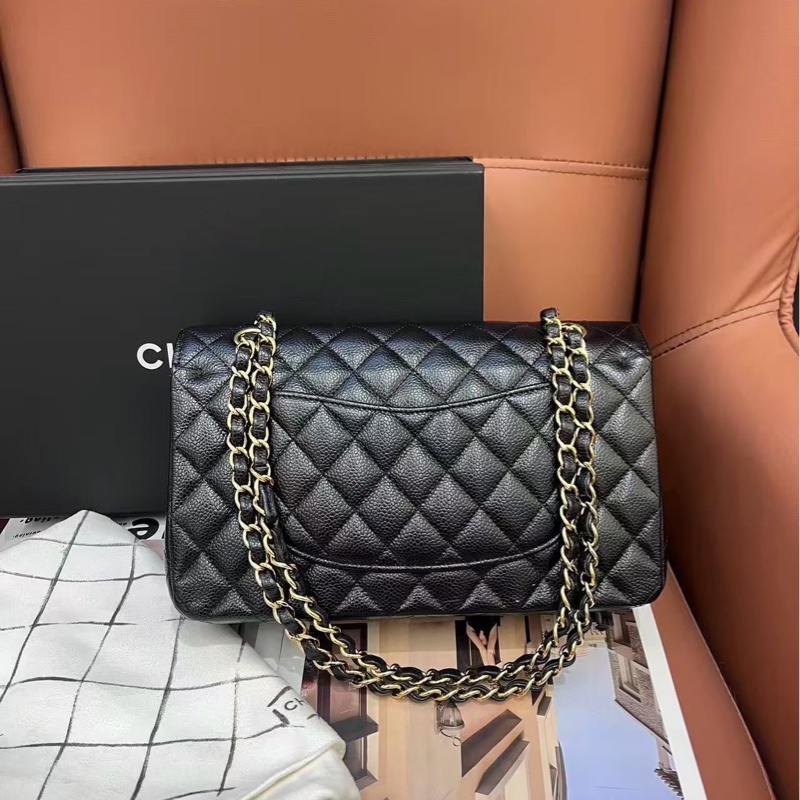 Chanel香奈兒黑金荔枝紋牛皮cf中號 27開-1