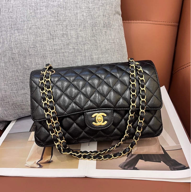 Chanel香奈兒黑金荔枝紋牛皮cf中號 29開-0