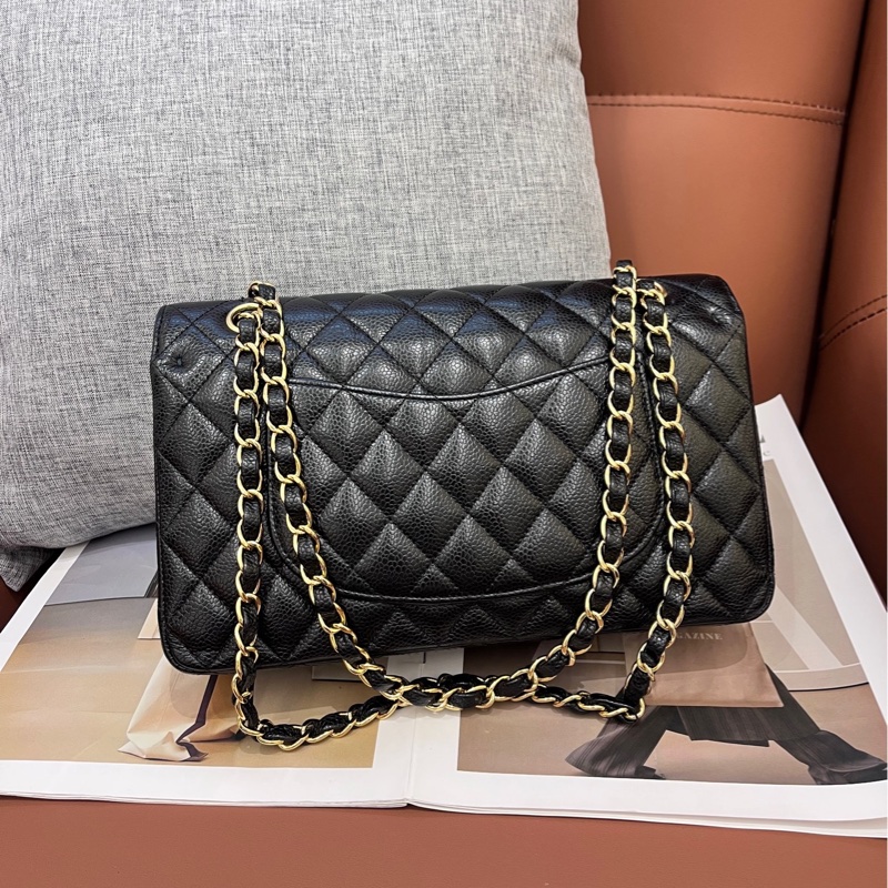 Chanel香奈兒黑金荔枝紋牛皮cf中號 29開-1