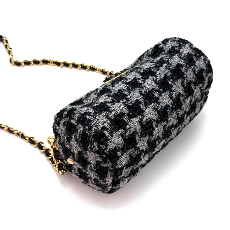 CHANEL 22S金扣千鳥格 毛呢圓筒手提斜背包24*11*14 98新配件塵袋-2