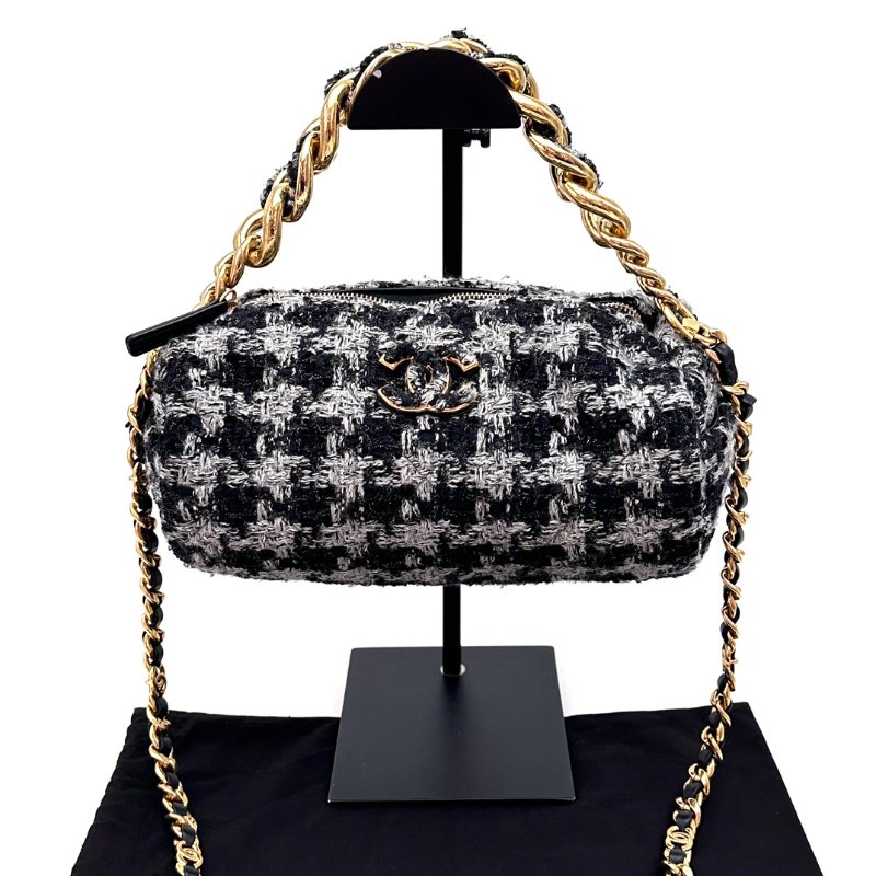 CHANEL 22S金扣千鳥格 毛呢圓筒手提斜背包24*11*14 98新配件塵袋-4