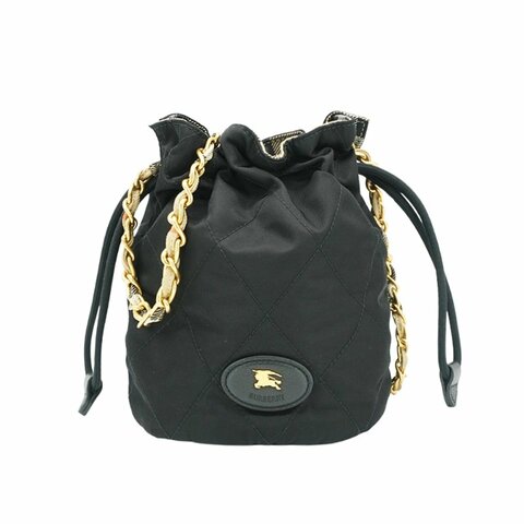 Burberry 展示品 菱格尼龍金鍊斜背水桶包(81184491-黑)