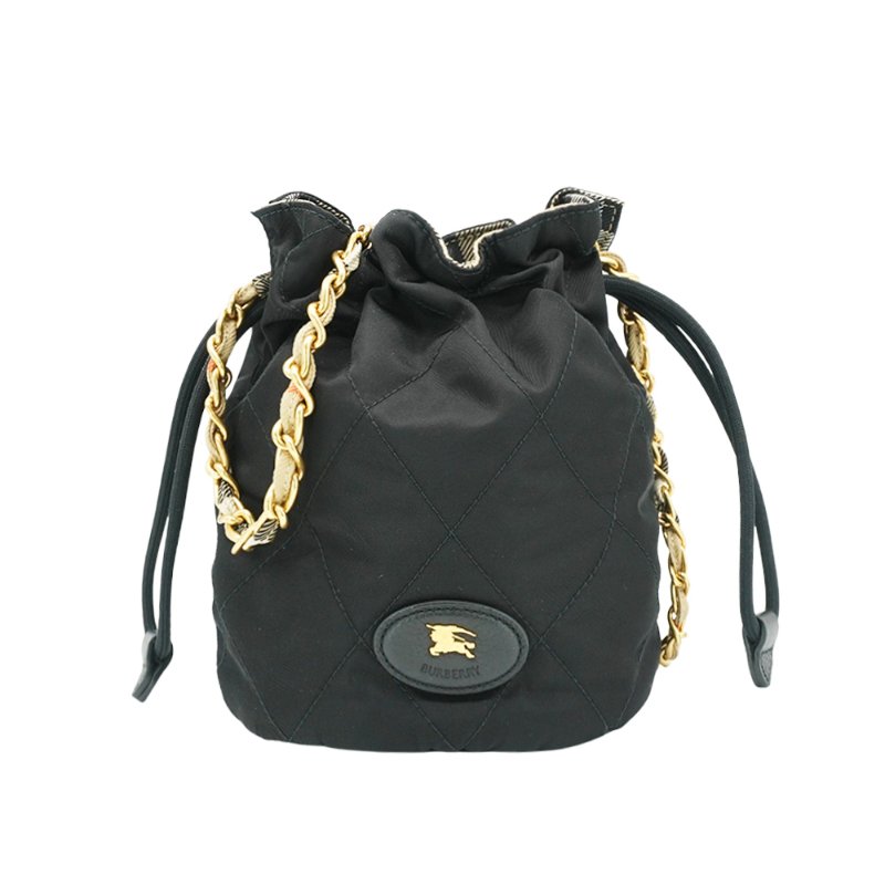 Burberry 展示品 菱格尼龍金鍊斜背水桶包(81184491-黑)-0