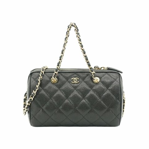 Chanel 展示品 粒紋牛皮金釦圓桶兩用包(AP4474-黑)