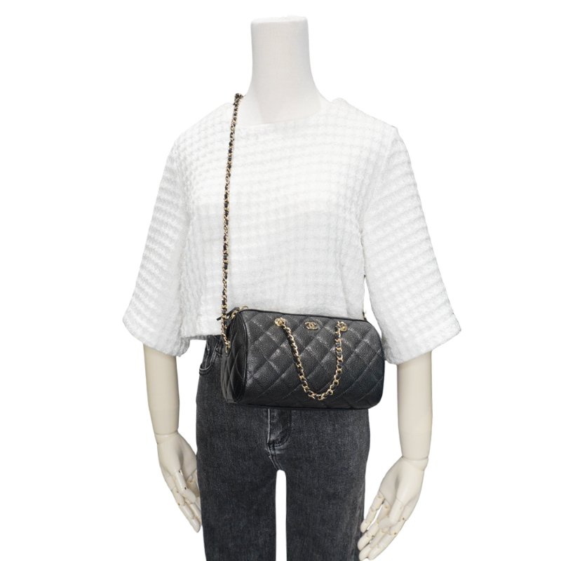 Chanel 展示品 粒紋牛皮金釦圓桶兩用包(AP4474-黑)-6