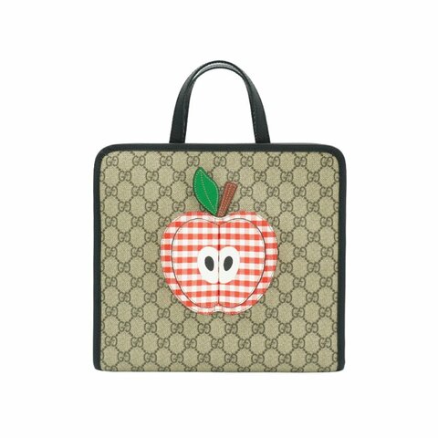 Gucci 黑邊帆布立體蘋果手提包(648797-卡其/黑)