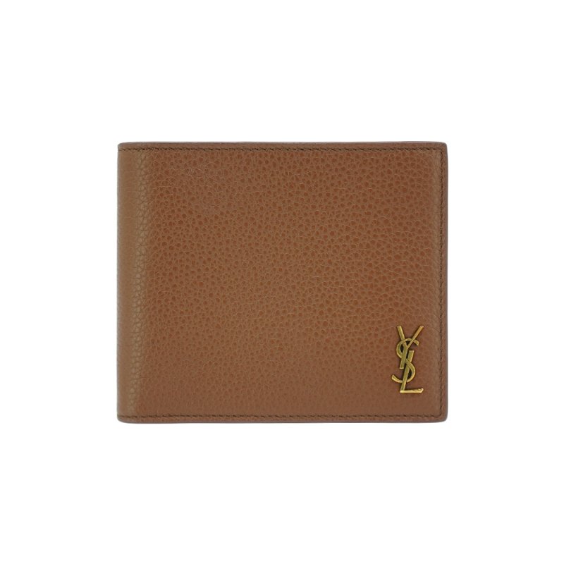 YSL 金Logo粒面牛皮品牌八卡對開男短夾(607727-摩卡色)-0