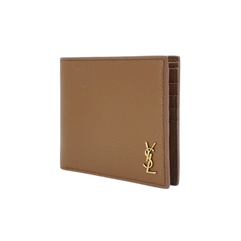 YSL 金Logo粒面牛皮品牌八卡對開男短夾(607727-摩卡色)-1