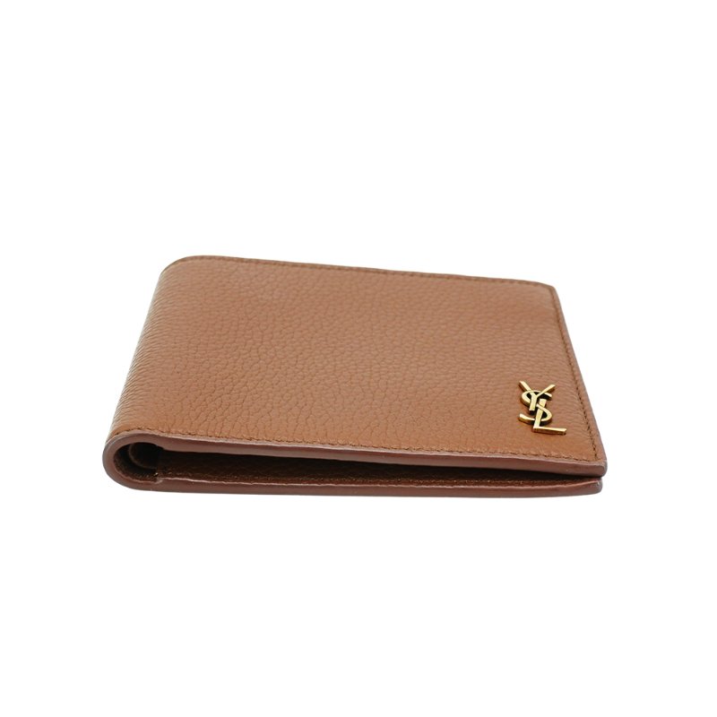 YSL 金Logo粒面牛皮品牌八卡對開男短夾(607727-摩卡色)-3
