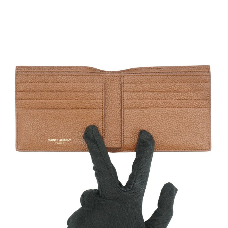 YSL 金Logo粒面牛皮品牌八卡對開男短夾(607727-摩卡色)-4