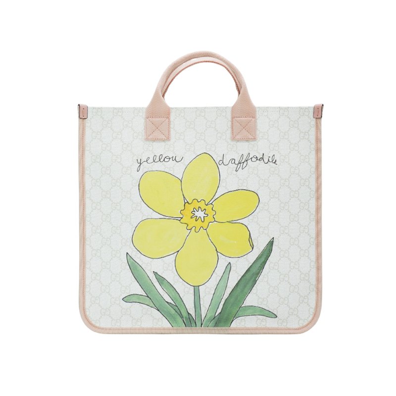 Gucci 粉邊帆布貓咪印花手提托特包(605831-粉/白)-0