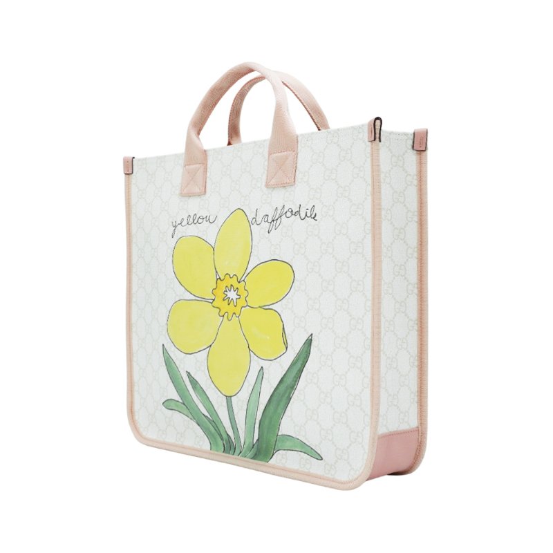 Gucci 粉邊帆布貓咪印花手提托特包(605831-粉/白)-1