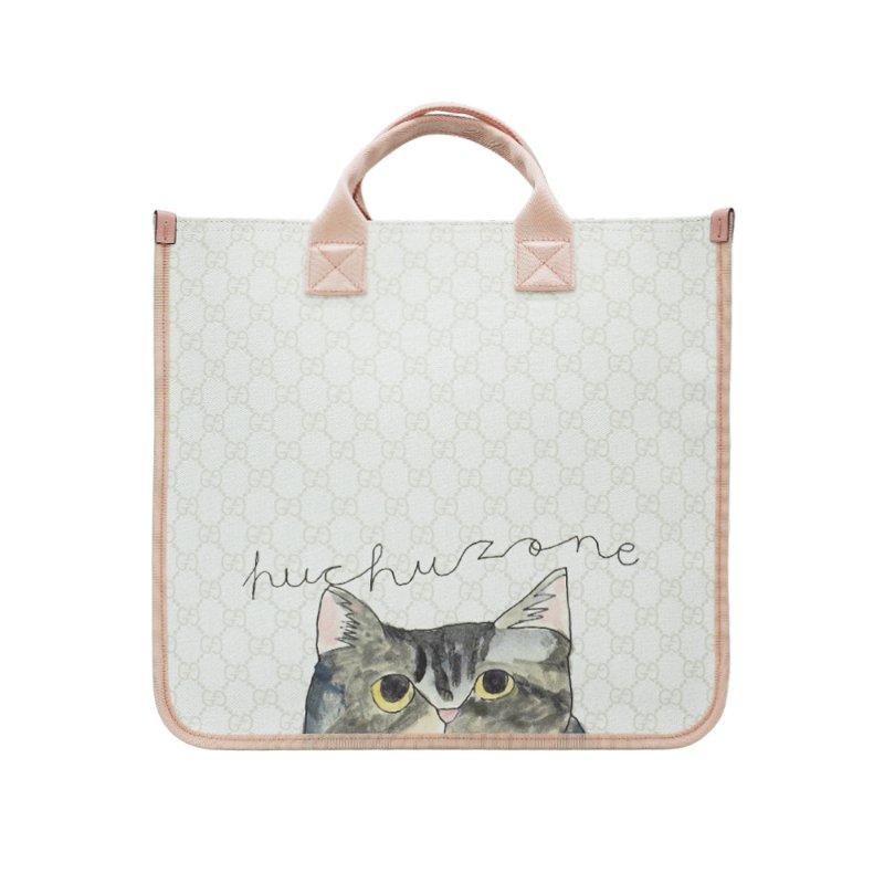 Gucci 粉邊帆布貓咪印花手提托特包(605831-粉/白)-2