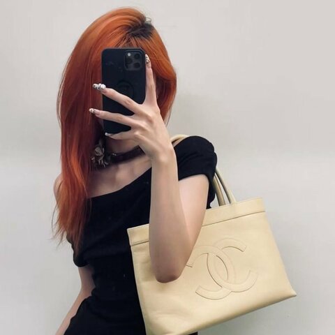 CHANEL 米黃色荔枝紋牛皮 手提肩背托特包 40*24*10 98新配件塵袋