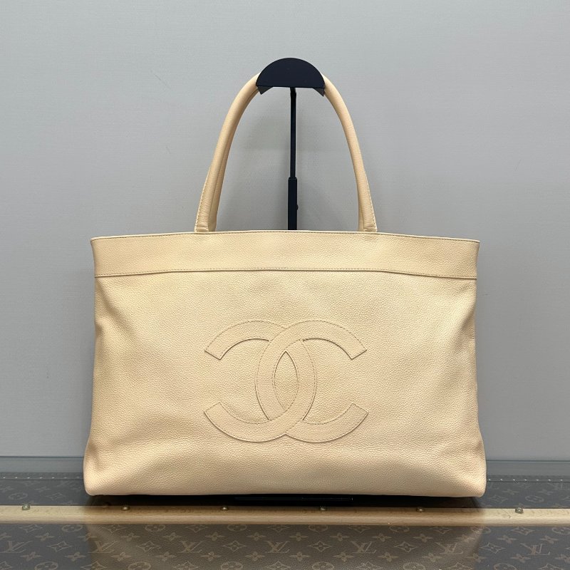 CHANEL 米黃色荔枝紋牛皮 手提肩背托特包 40*24*10 98新配件塵袋-1