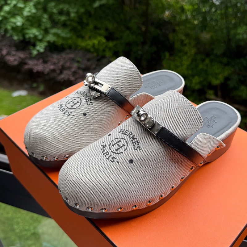 Hermès 愛馬仕kelly 帆布穆勒拖鞋 36碼 配盒-1
