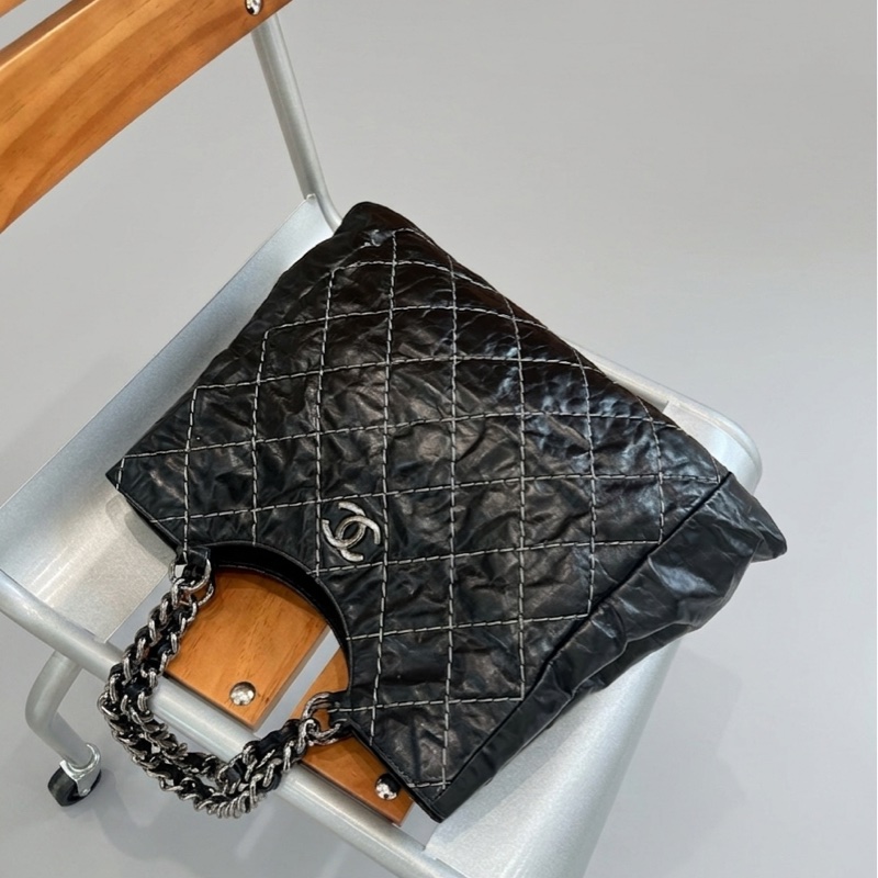 chanel/香奈兒 黑銀外縫線購物袋機場包tote 13開 尺寸42*30  好成色極新-2