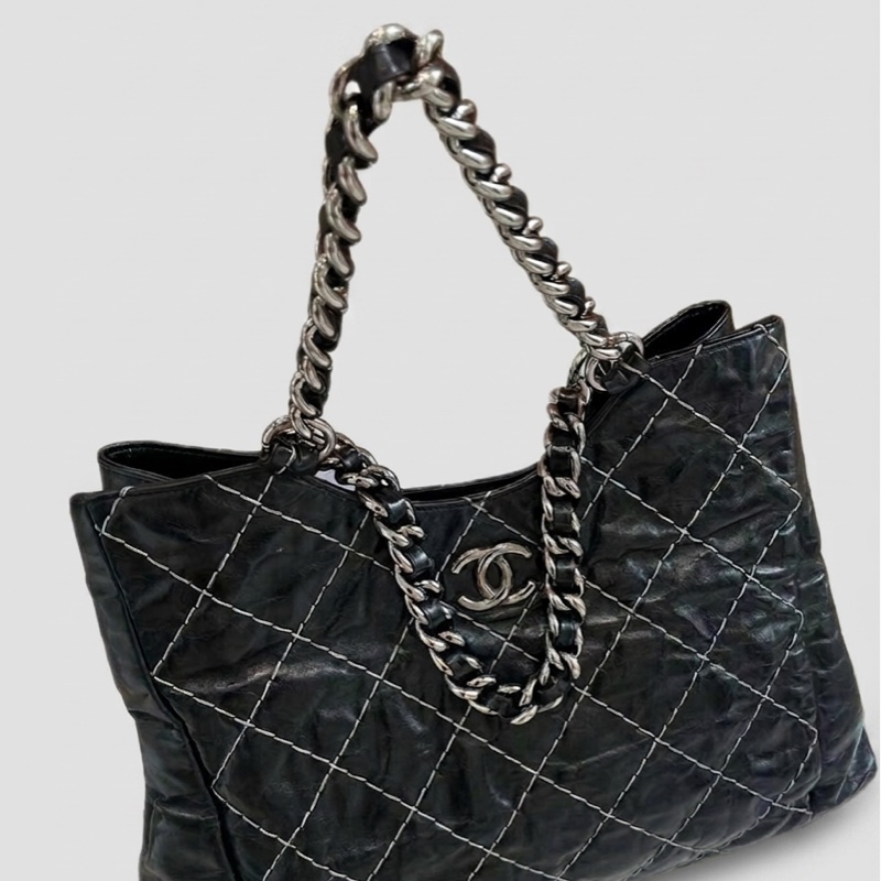 chanel/香奈兒 黑銀外縫線購物袋機場包tote 13開 尺寸42*30  好成色極新-3