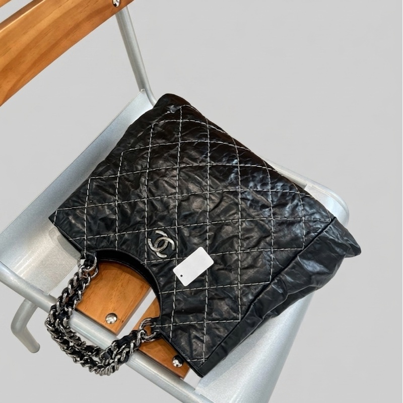 chanel/香奈兒 黑銀外縫線購物袋機場包tote 13開 尺寸42*30  好成色極新-4