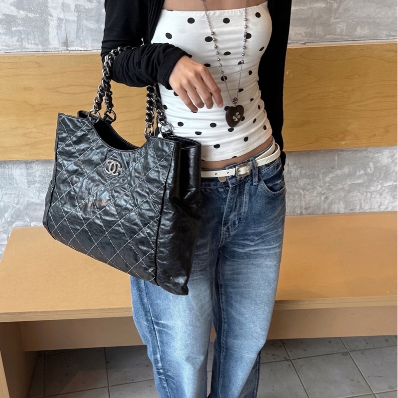 chanel/香奈兒 黑銀外縫線購物袋機場包tote 13開 尺寸42*30  好成色極新-5