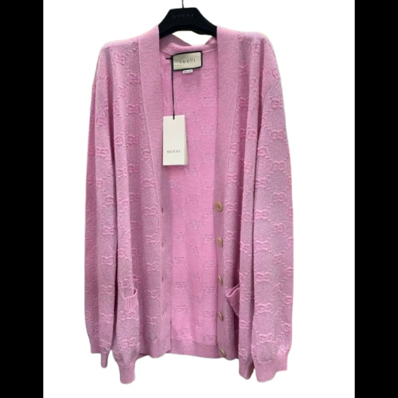 Gucci 古馳金扣粉紅色羊毛冷衫 GG圖案 M碼-0