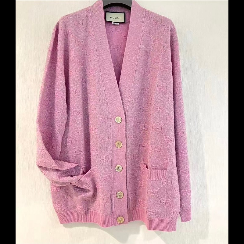 Gucci 古馳金扣粉紅色羊毛冷衫 GG圖案 M碼-2
