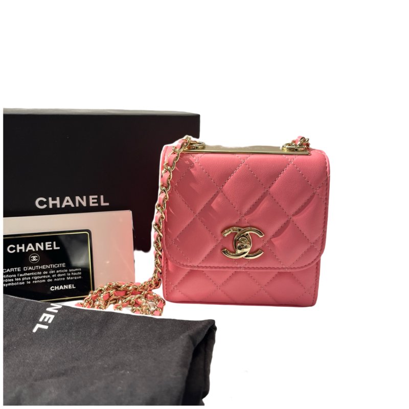 Used CHANEL Lambskin Leather MINI TRENDY CC Cross Body Bag Pink GHW-1