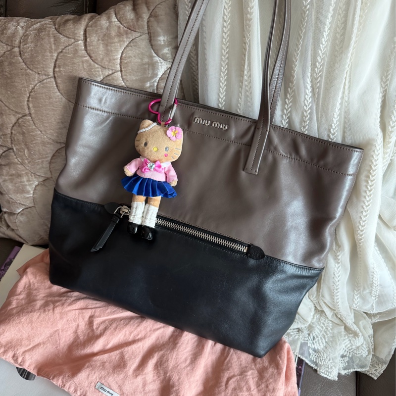 繆繆  托特包 手提包 通勤包 腋下包 黑色皮革 灰色皮革 大象灰 側背包 斜挎包 斜背包 褶皺鏈條包 miu miu ivy tote bag-5