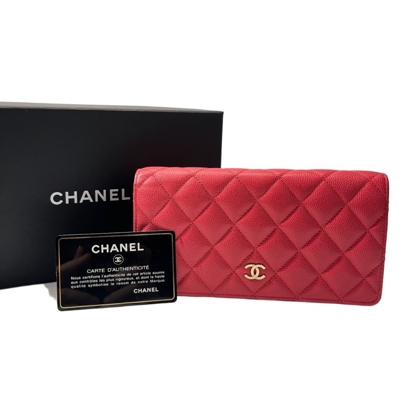 Used CHANEL Calfskin Leather Wallet Red GHW-0