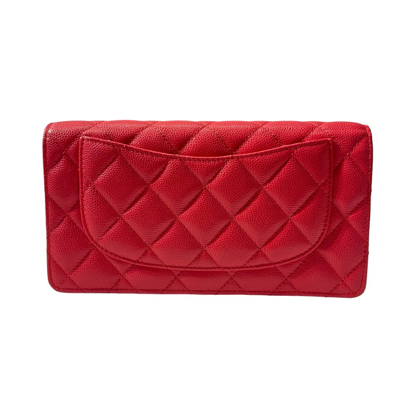 Used CHANEL Calfskin Leather Wallet Red GHW-1