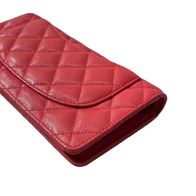 Used CHANEL Calfskin Leather Wallet Red GHW-2