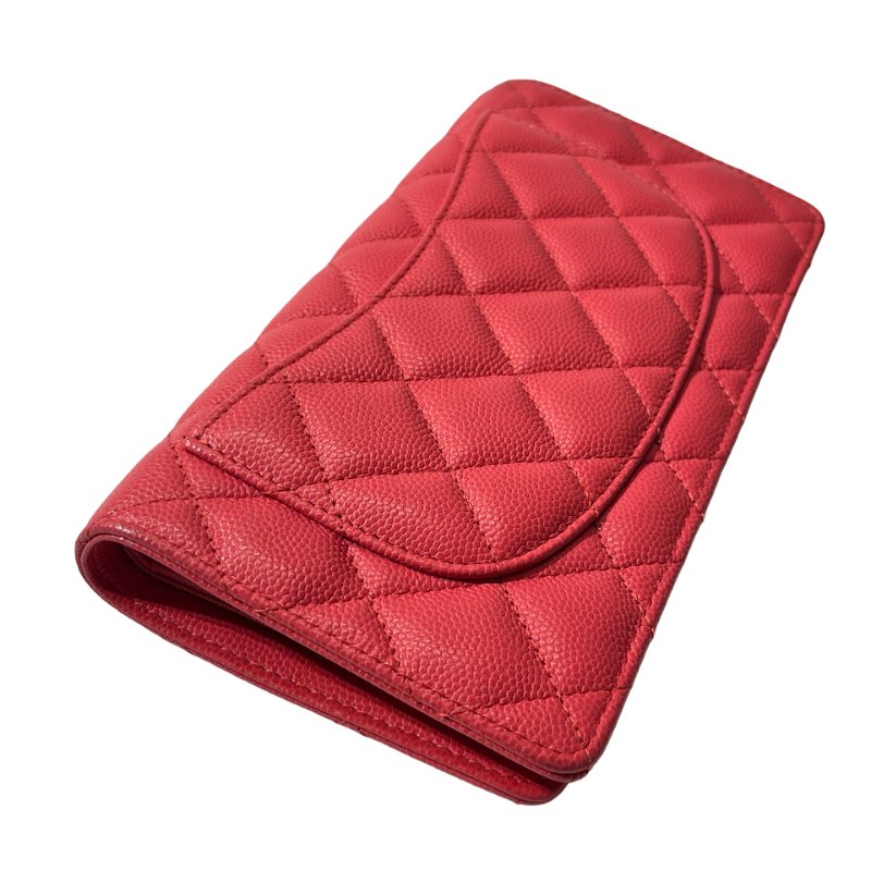 Used CHANEL Calfskin Leather Wallet Red GHW-3