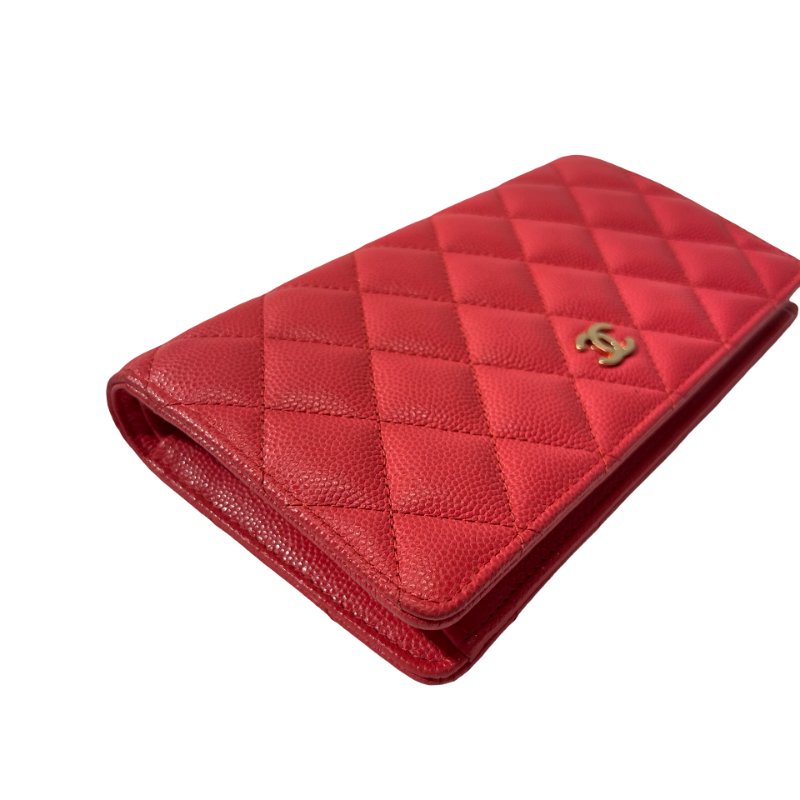 Used CHANEL Calfskin Leather Wallet Red GHW-4