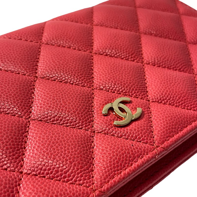 Used CHANEL Calfskin Leather Wallet Red GHW-5