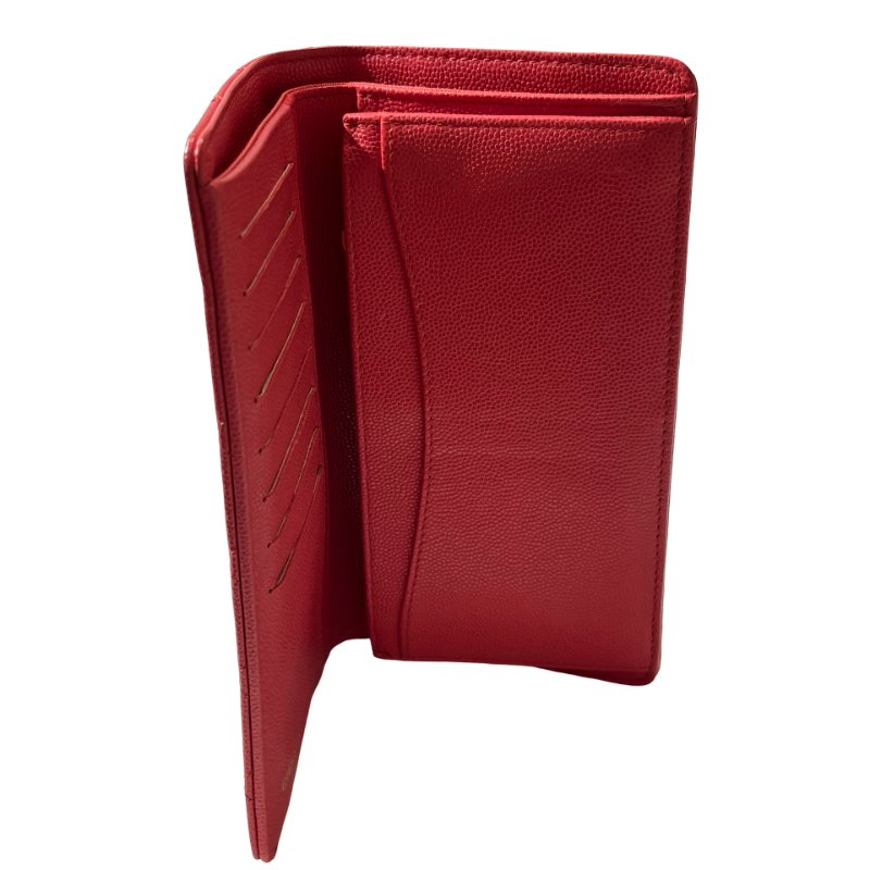 Used CHANEL Calfskin Leather Wallet Red GHW-6