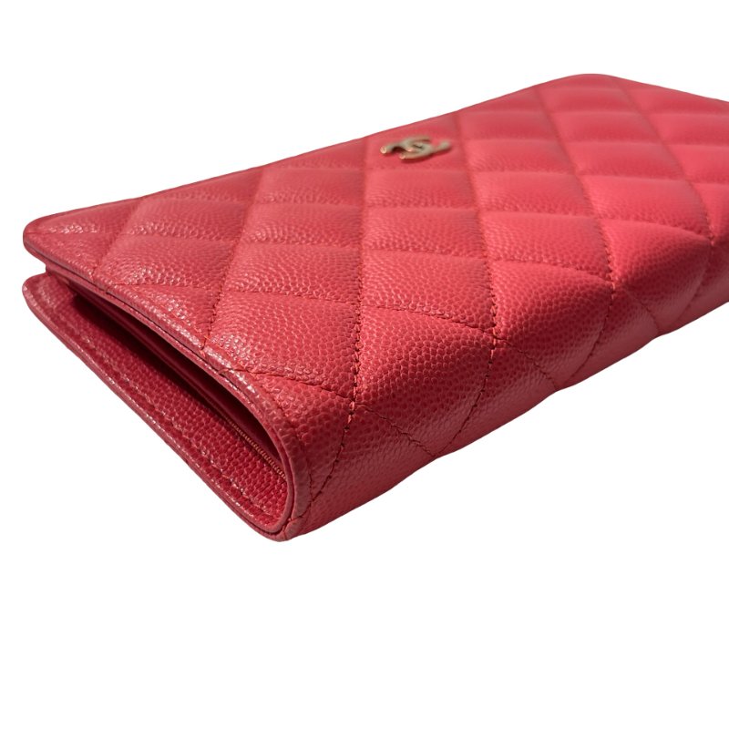 Used CHANEL Calfskin Leather Wallet Red GHW-8