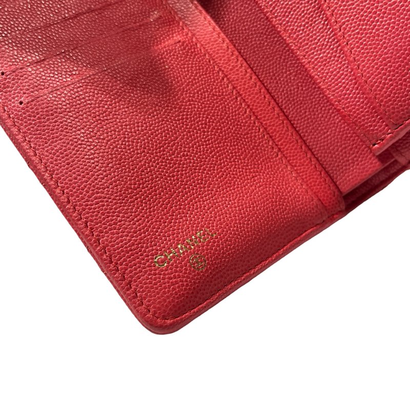Used CHANEL Calfskin Leather Wallet Red GHW-9