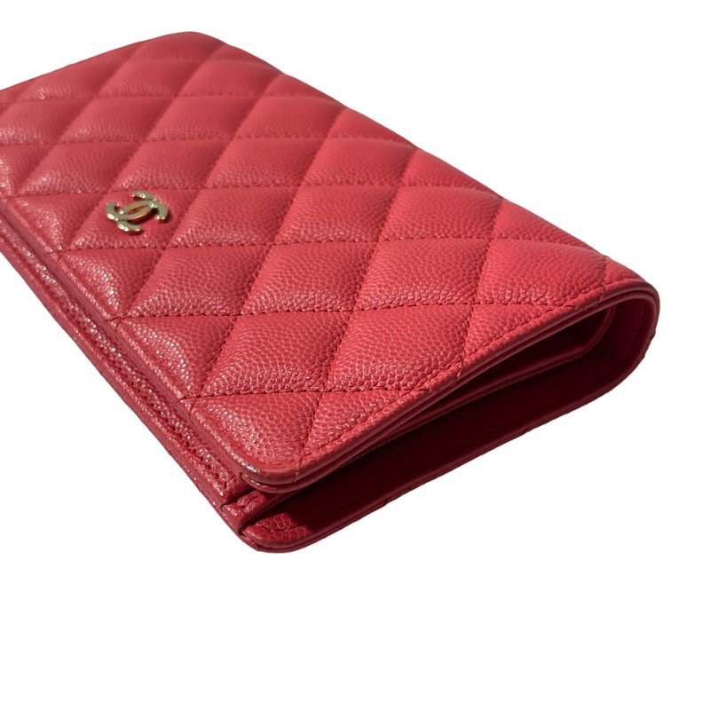 Used CHANEL Calfskin Leather Wallet Red GHW-10