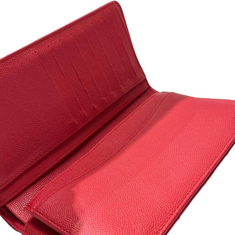 Used CHANEL Calfskin Leather Wallet Red GHW-11