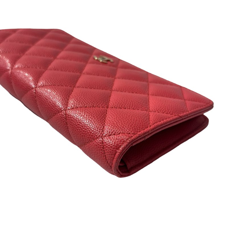 Used CHANEL Calfskin Leather Wallet Red GHW-12