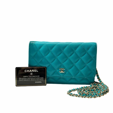 Used CHANEL Calfskin Leather WOC Cross Body Bag Green GHW